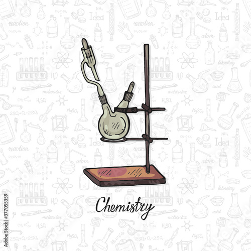 Cute hand drawn chemistry equipment on the background with chemistry formulas and elements. Vector science cartoon collection