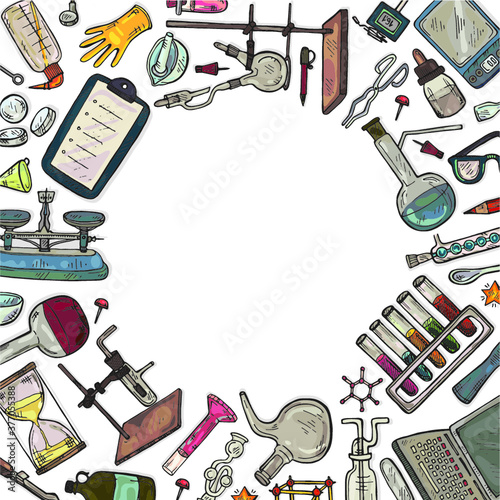 Found frame with cute hand drawn chemistry elements. Vector science cartoon collection