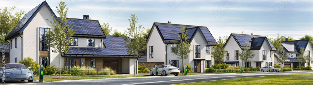 Road and beautiful houses with solar panels on the roof. Charging stations and electric cars Road and beautiful houses with solar panels on the roof. Charging stations and electric cars