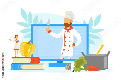 Woman Cooking Healthy Dish with Male Chef, Online Cooking Course Vector Illustration