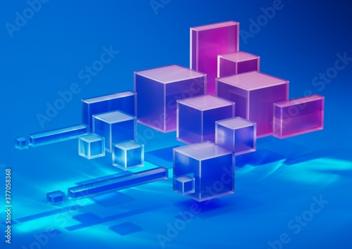 Abstract 3d render, composition composition, blue background design with pink and blue gradient objects