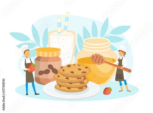 Team of Confectioners Decorating Cookies with Honey and Strawberry  Tiny People in Uniform and Cap Cooking in Kitchen Vector Illustration.