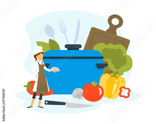 Woman Chef Cooking Healthy Vegetarian Dish in Saucepan, Tiny Kitchener Character in Uniform and Cap Cooking in Kitchen Vector Illustration