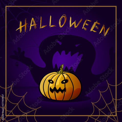 Card for Halloween bright orange pumpkin monster on a dark background shadow among the cobwebs. Vector hand lettering.