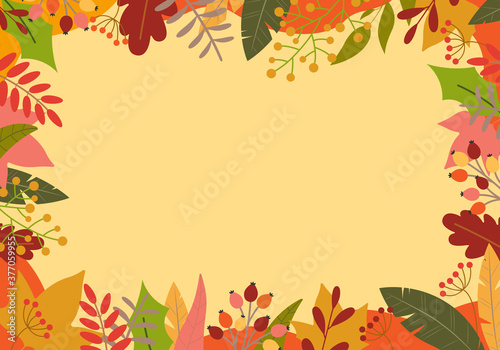 Autumn background with colorful leaves. Fall season banner or border with foliage. Template for thanksgiving poster  sale or promotion card frame. Vector illustration.