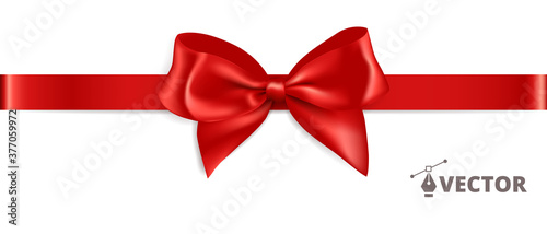 Banner with gift bow. Red ribbon isolated. Gift card design template. Vector holiday decoration. Great for christmas and birthday cards, sale banners. Easy to change colors and reposition the bow.