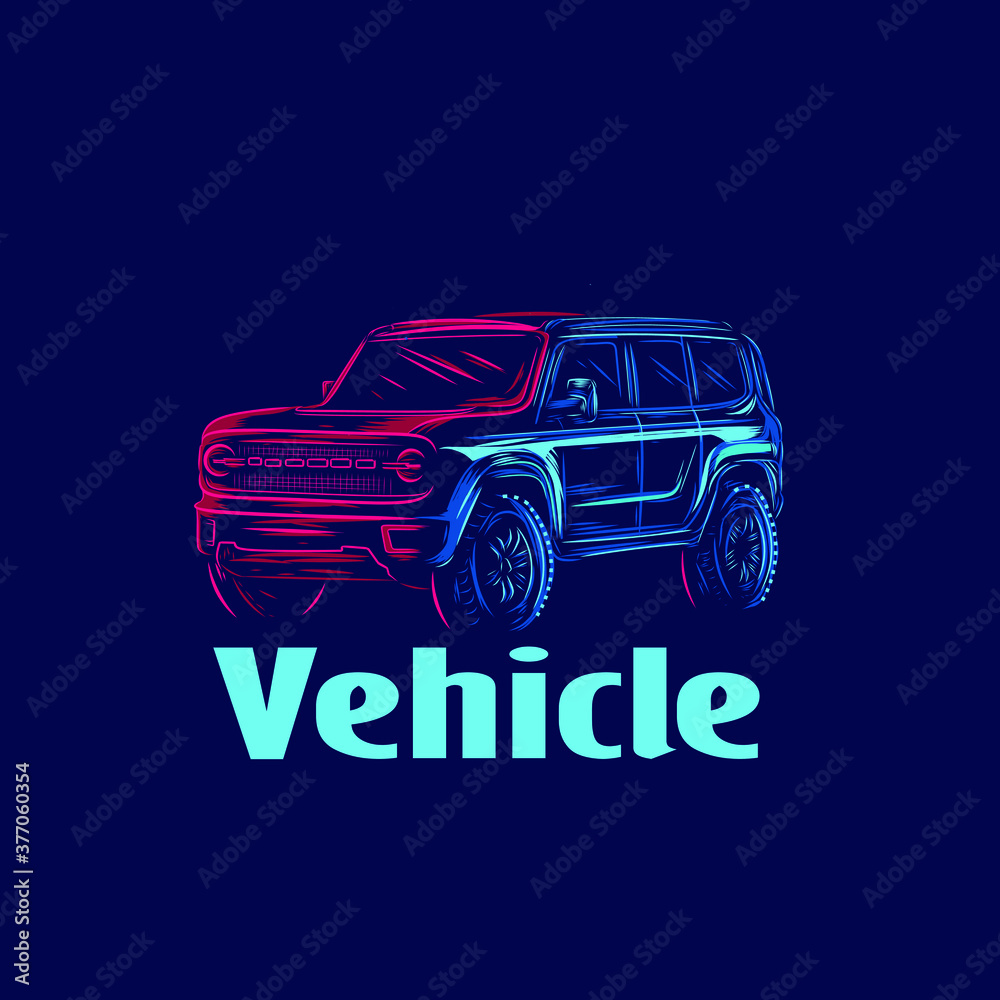 Obraz premium Vehicle Suv sporty car automotive line pop art potrait logo colorful design with dark background. Abstract vector illustration. Isolated black background for t-shirt, poster, clothing