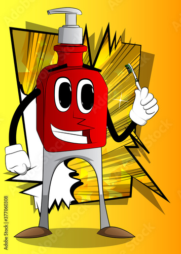 Cartoon bottle of hand sanitizer gel with face holding toothbrush.