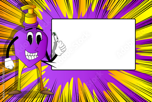 Cartoon bottle of hand sanitizer gel with face holding toothbrush.