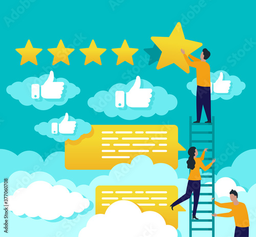 5 stars feedback with thumbs up - people climbing the ladder through the sky and leaving best satisfaction level and critic concept - five stars rating flat style vector concept