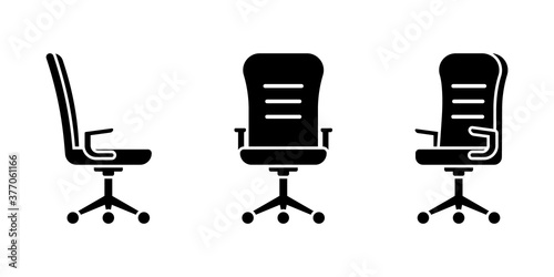 Isolated rolling office chair vector illustration icon pictogram set. Front, side view silhouette on white