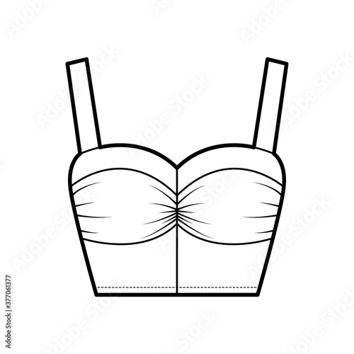 Cropped top technical fashion illustration with feminine sweetheart neckline, gently gathered bust, wide straps. Flat apparel tank template front, white color. Women, men unisex shirt camisole CAD