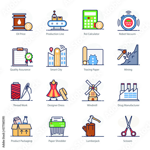 
Collection of Industrial Production Icons in Modern Style 
