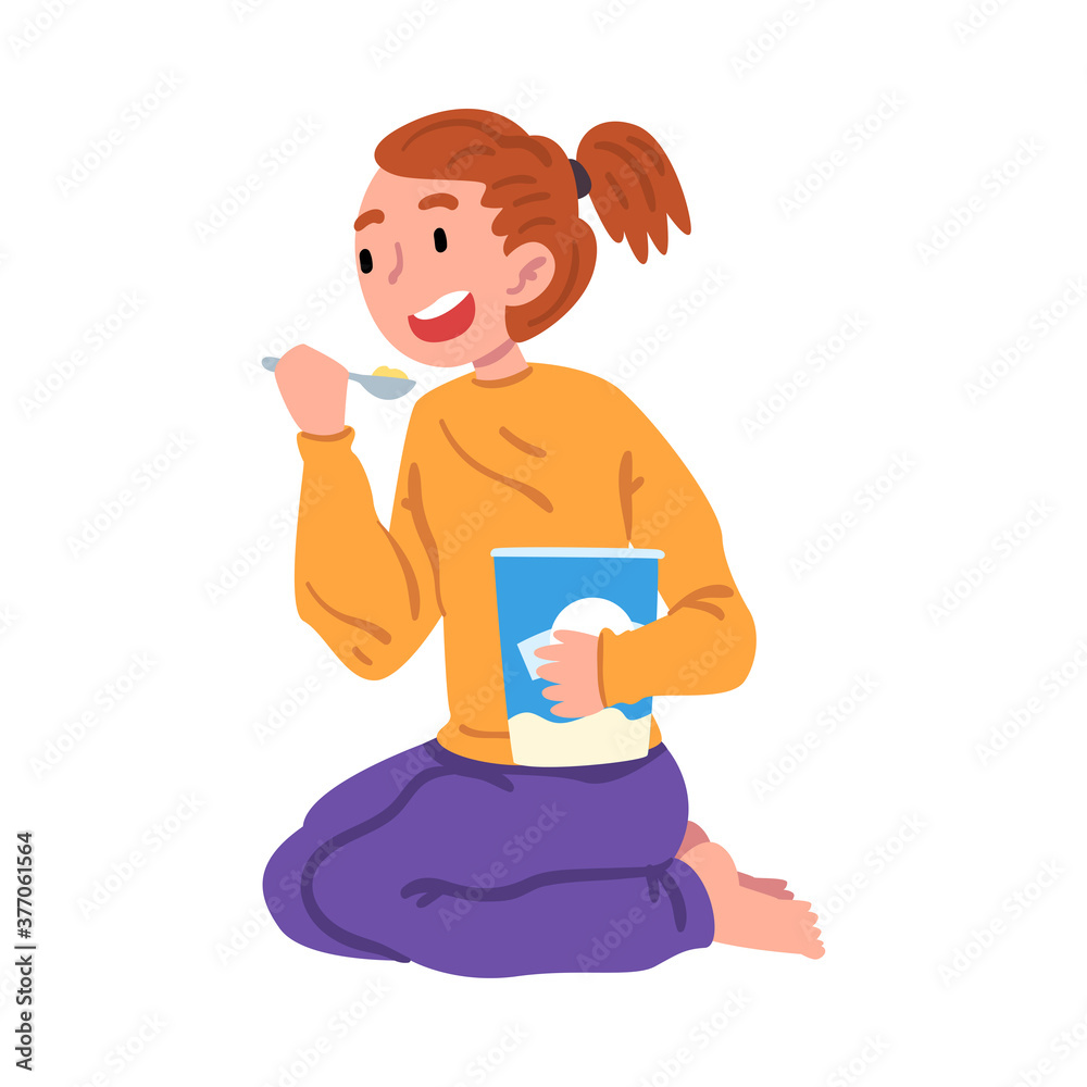 Slumber Party, Cute Girl in Pajamas Sitting on Floor and Eating Ice Cream Cartoon Style Vector Illustration Slumber Party, Cute Girl in Pajamas Sitting on Floor and Eating Ice Cream Cartoon Style Vector Illustration