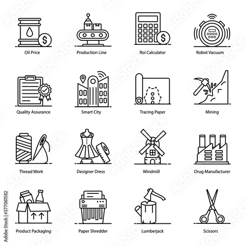 Collection of Industrial Production Icons in Modern Style 

