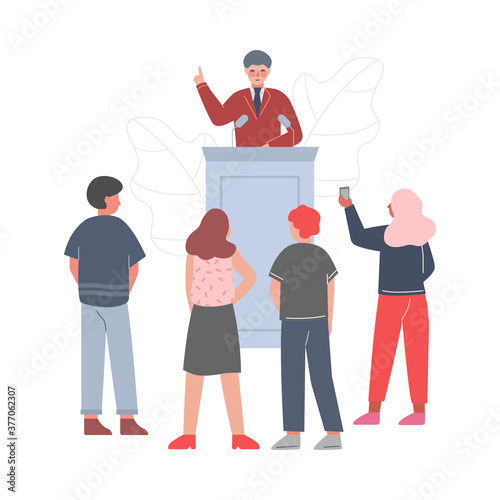 Businessman Standing Behind Rostrum Giving Speech, Man Public Speaker Giving Talk in front of Audience, Business Conference Vector Illustratio