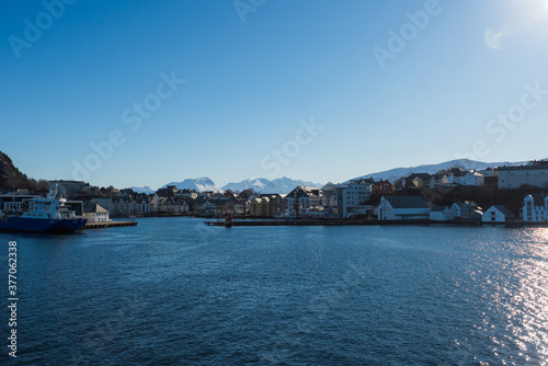 Approaching the city of Ålesund with the post ship on a clear winter day
