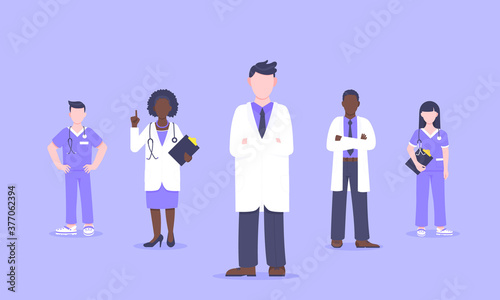 Medical staff doctor team with face masks clinic employee vector illustration isolated on white background. Hospital or medical clinic staff doctor, surgeon, nurse standing up with equipment.