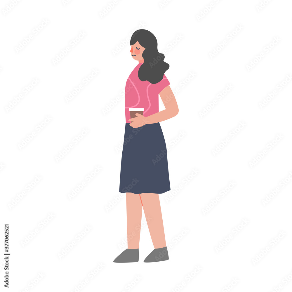 Young Brunette Woman Standing and Holding Coffee Cup Vector Illustration on White Background Young Brunette Woman Standing and Holding Coffee Cup Vector Illustration on White Background