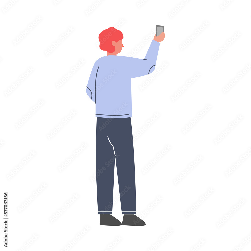 Back View of Young Man Standing and Recording on Smartphone Vector Illustration on White Background Back View of Young Man Standing and Recording on Smartphone Vector Illustration on White Background