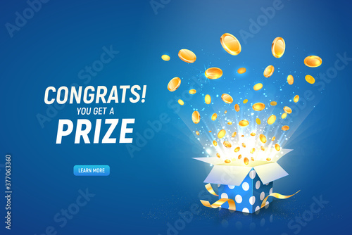 Win prize. Online casino gambling game vector illustration advertising. Open textured gift box with coins explosion out on the blue background. 