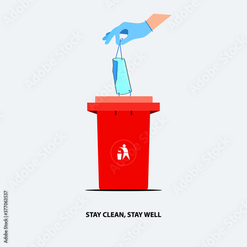 Zero Waste Concept, Stay clean, stay well, Clean the world of pollution and garbage. Dispose of used mask waste in the dustbin. vector illustration.