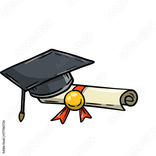 Training and education. Graduation at school. The end of course. Student cap. Diploma and certificate. Cartoon drawn illustration