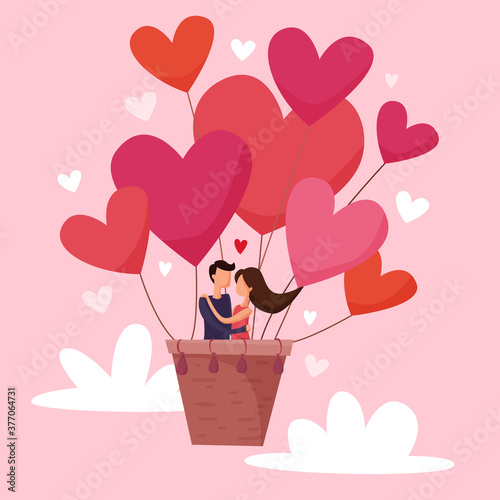 Love couple flying on heart balloon in the sky. Romantic date. Flat cartoon. Vector illustration