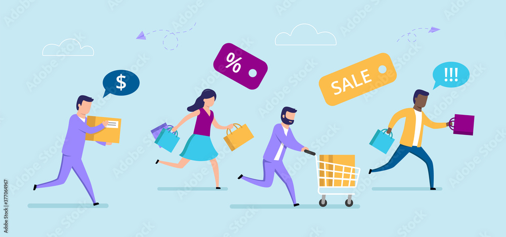 Vector Illustration In Flat Style Of Male And Female Characters Running With Shopping Cart. Sale Concept Cartoon Composition On Blue Background. Crowd Of Hurrying People And Colorful Labels, Bubbles Vector Illustration In Flat Style Of Male And Female Characters Running With Shopping Cart. Sale Concept Cartoon Composition On Blue Background. Crowd Of Hurrying People And Colorful Labels, Bubbles