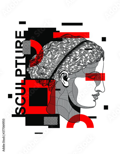 Artemis / Diana. Vector illustration hand drawn. Glitch red modern style.