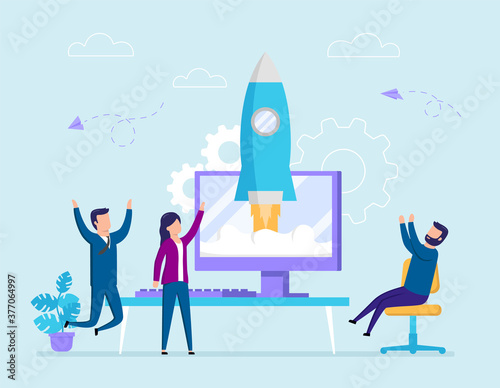 Group Of People Watch Rocket Take Off From Computer Screen. Startup Concept Illustration In Flat Cartoon Style. Vector Composition With Happy Male And Female Characters In Office Outfits Cheering
