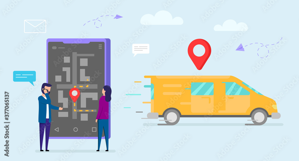 Vector Illustration With Delivery Concept. Orange Delivery Truck Moving With Red Sign Above, Male And Female Characters Standing Near Big Smartphone, Man Talking On Phone. Navigation Map On Screen Vector Illustration With Delivery Concept. Orange Delivery Truck Moving With Red Sign Above, Male And Female Characters Standing Near Big Smartphone, Man Talking On Phone. Navigation Map On Screen