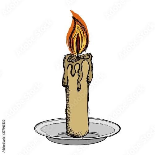 Color vector clipart candle with fire on a plate. Illustration of a burning candle on a candlestick with melted wax or paraffin