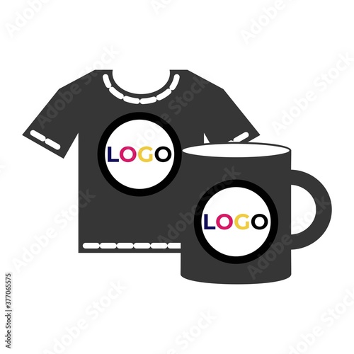 Simple vector icon of the print on souvenirs. Flat symbol of the mug and the t-shirt with logo