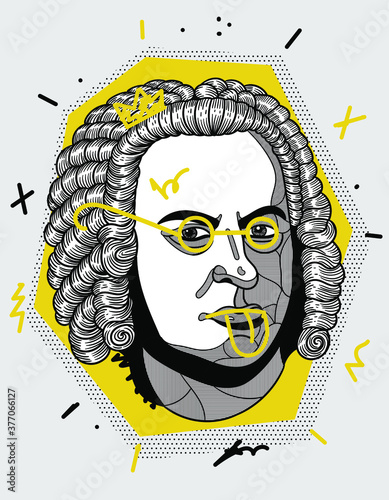 Johann Sebastian Bach. Vector illustration hand drawn.  Creative geometric yellow style. With glasses show tongue.