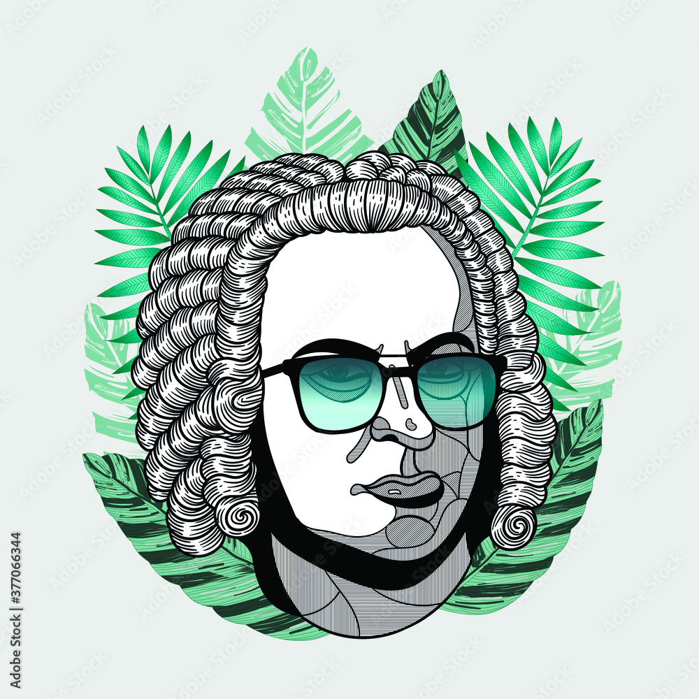 Hipster classical portrait of composer and musician with glasses. Summer  style - palm leaf. T-Shirt Design & Printing, clothes, beachwear. Vector  illustration hand drawn. Johann Sebastian Bach Stock Vector | Adobe Stock