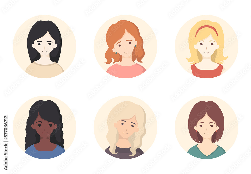 Collection of various portrait girls with different hairstyles and hair color isolated on white background. Vector illustration with round face avatars in flat style Collection of various portrait girls with different hairstyles and hair color isolated on white background. Vector illustration with round face avatars in flat style
