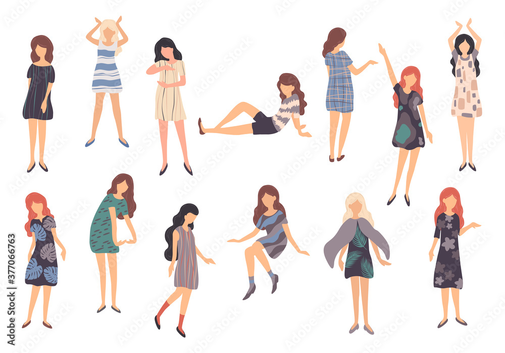Fototapeta premium Collection of various young women in different clothes and poses isolated on white background. Vector illustration with people in flat style