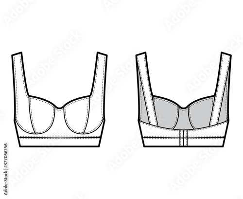 Jewel cropped bustier top technical fashion illustration with wide shoulder strap, flattering curved molded cups, close fit. Flat template front, back, white color. Women men unisex shirt CAD mockup