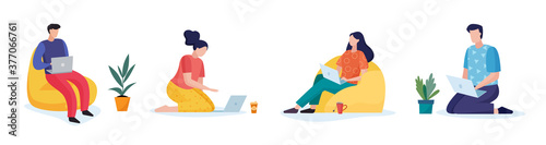 People work at home concept. Freelancers working on computers at home in quarantine. Flat cartoon. Vector illustration