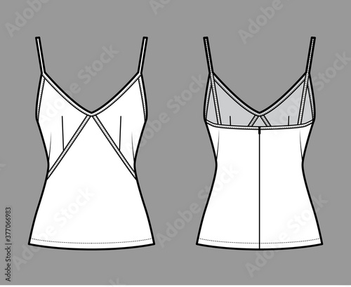 Camisole slip top technical fashion illustration with sweetheart neck, thin straps, slim fit, back zip fastening. Flat outwear tank apparel template front back white color. Women men unisex CAD mockup