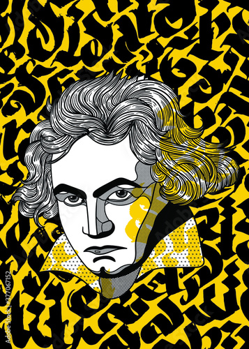 Ludwig van Beethoven. Vector illustration hand drawn. Gothic calligraphy. 