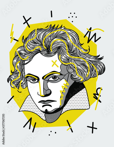 Ludwig van Beethoven. Vector illustration hand drawn.  Creative geometric yellow style.