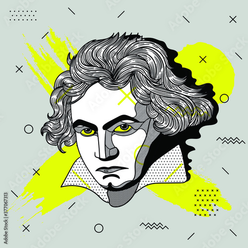 Ludwig van Beethoven. Vector illustration hand drawn.  Creative geometric yellow style. photo