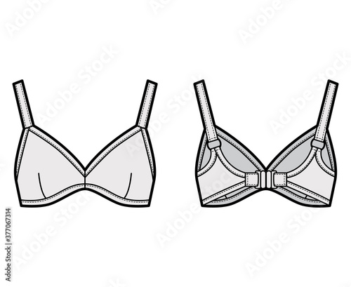 Bustier top bralette technical fashion illustration with adjustable thick straps, clasp fastening at back. Flat bra swimwear lingerie template front grey color. Women, men, unisex underwear CAD mockup