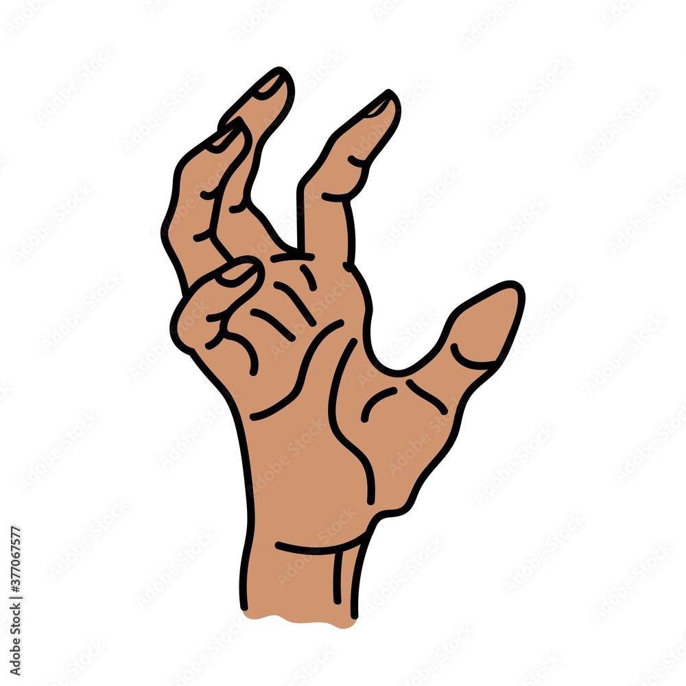 A broun hand on a white background with beige contour lines is isolated on a white background. A broun hand on a white background with beige contour lines is isolated on a white background.