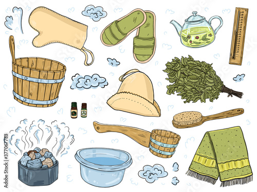 A set of items for the sauna. Isolated objects on a white background.
