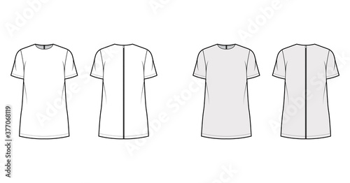 Cady tunic technical fashion illustration with crew neckline, short sleeves, oversized, back zip fastening, elongated hem. Flat shirt template front back white grey color. Women, unisex top CAD mockup