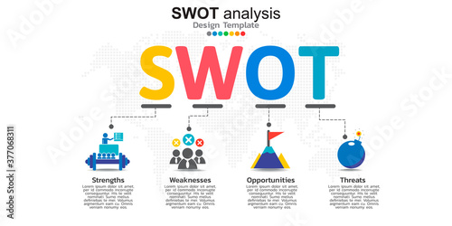Four colorful elements with icons and place for text in Concept of SWOT analysis.