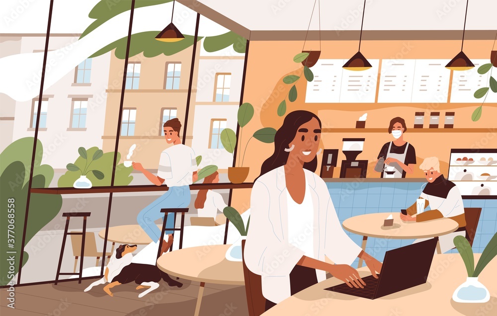 People sit at tables and drink beverages at city cafe. Freelancer working at laptop. Scene of social distance at modern coffeehouse. Flat vector cartoon illustration of coffee shop cozy interior People sit at tables and drink beverages at city cafe. Freelancer working at laptop. Scene of social distance at modern coffeehouse. Flat vector cartoon illustration of coffee shop cozy interior